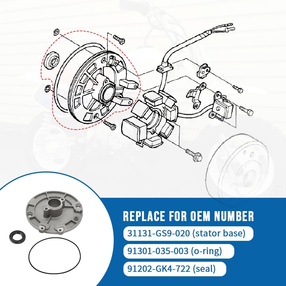 Motoparty Repuesto para número OEM 31131-GS9-020 y 91301-035-003 y 91202-GK4-722 Placa base de estator de encendido para Honda CRF50 CRF70 Z50R XR50