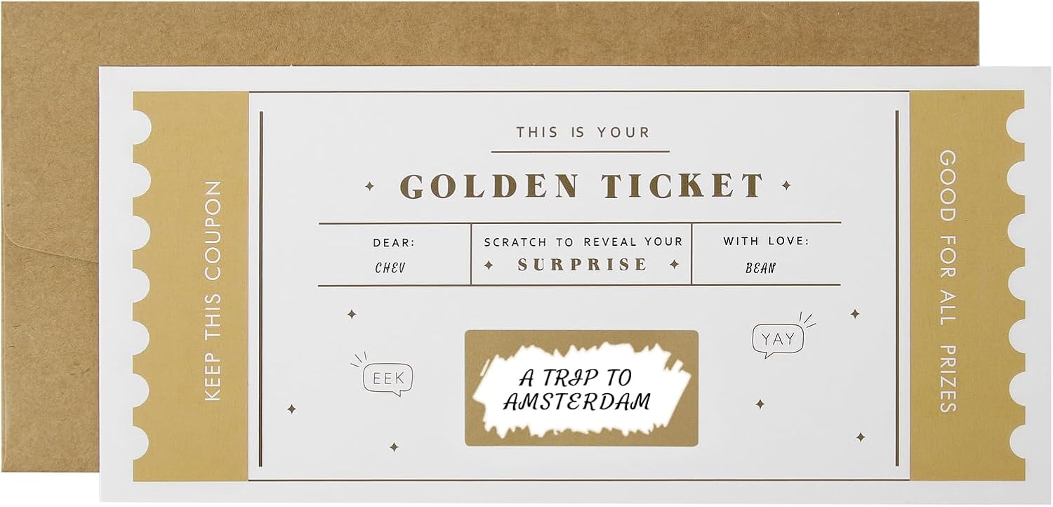 CJ&M The Golden Ticket  Boleto sorpresa para rascar y revelar, boleto dorado, tarjeta rasca, vacaciones sorpresa, revelación de regalos, regalo
