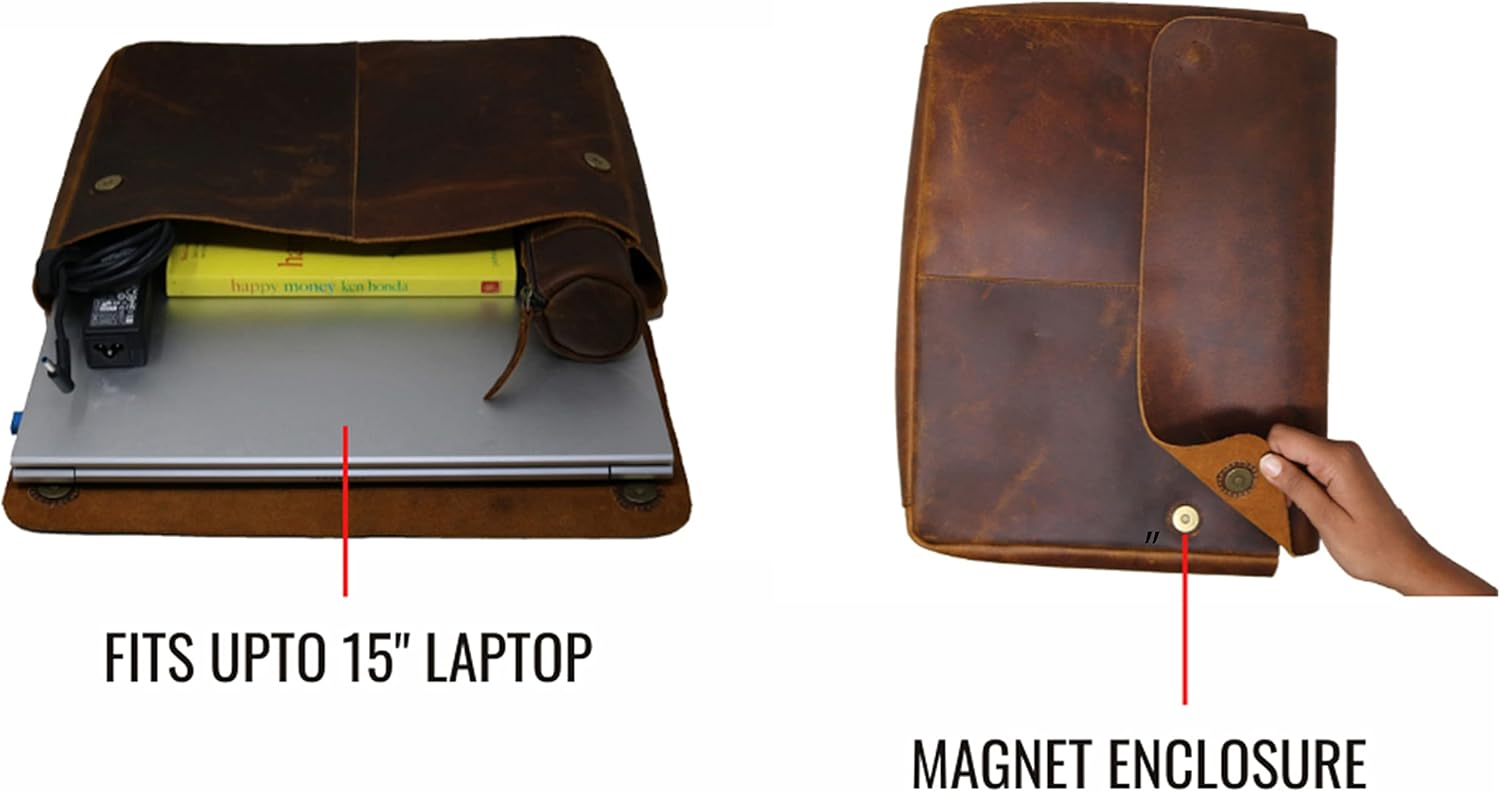 Funda de cuero para laptop, espaciosa, hecha a mano, sin tirantes, diseño desgastado, de grano completo, soporte para documentos perfecto para