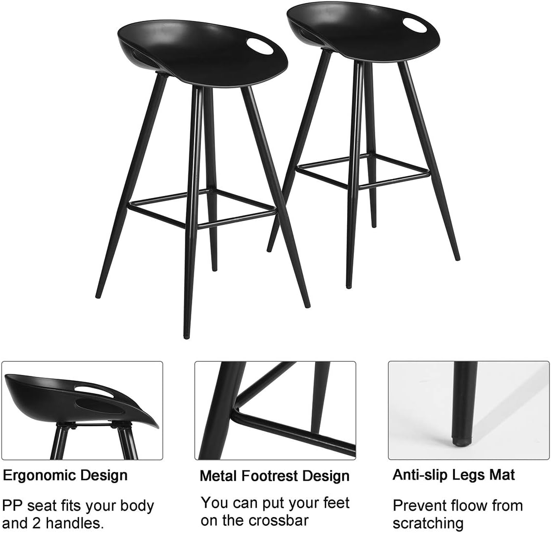 Set of 2 Bar Stools, 32.3-inch Simple Modern Style High Counter Stool with Low Backrest & Footrest & Metal Legs & PP Seat, Portable Barstools for
