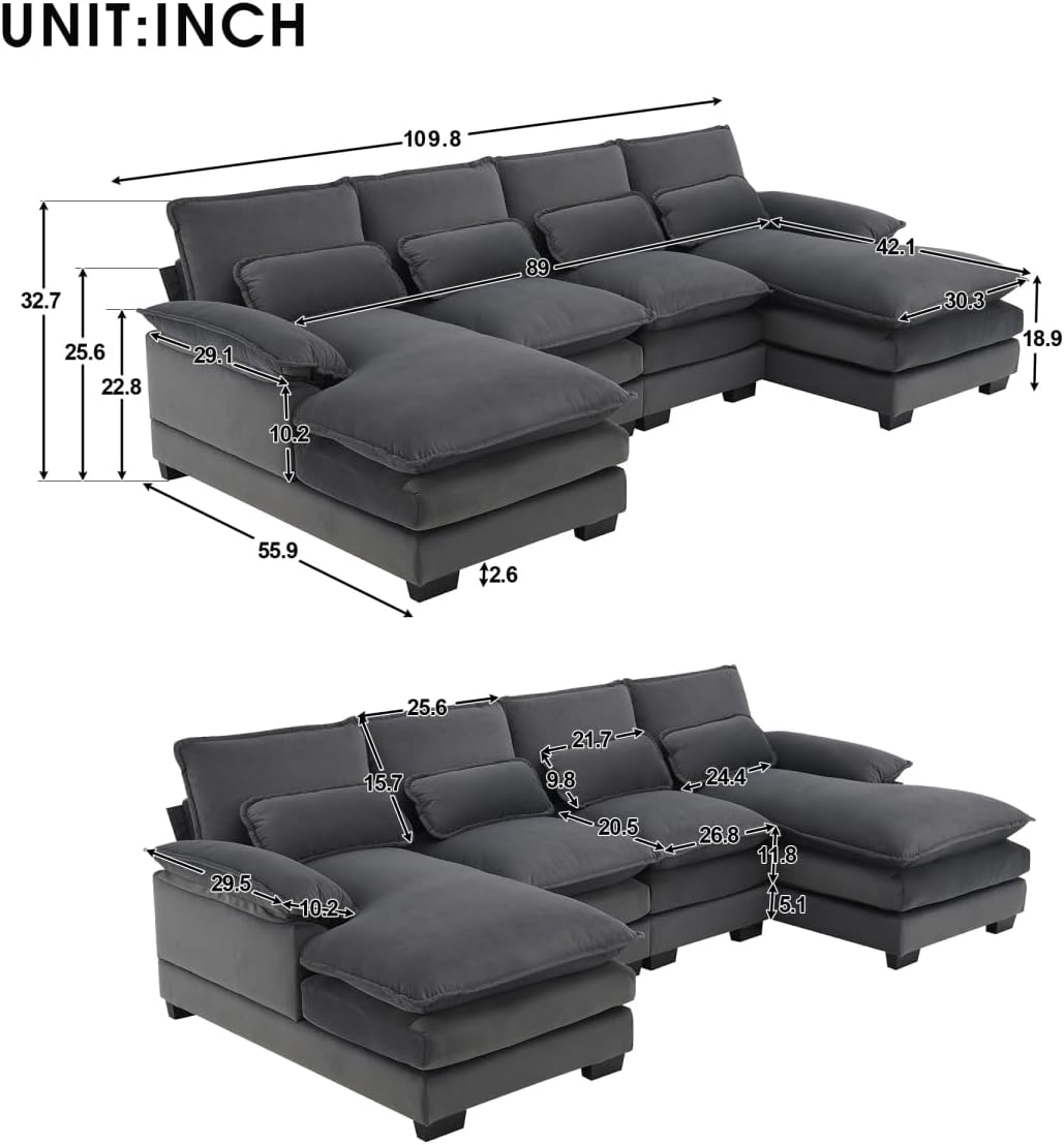 Sofá modular en forma de U de 109.8 pulgadas con almohadas para la cintura, sofá simétrico tapizado de 6 asientos, sofá cama con diván, color gris