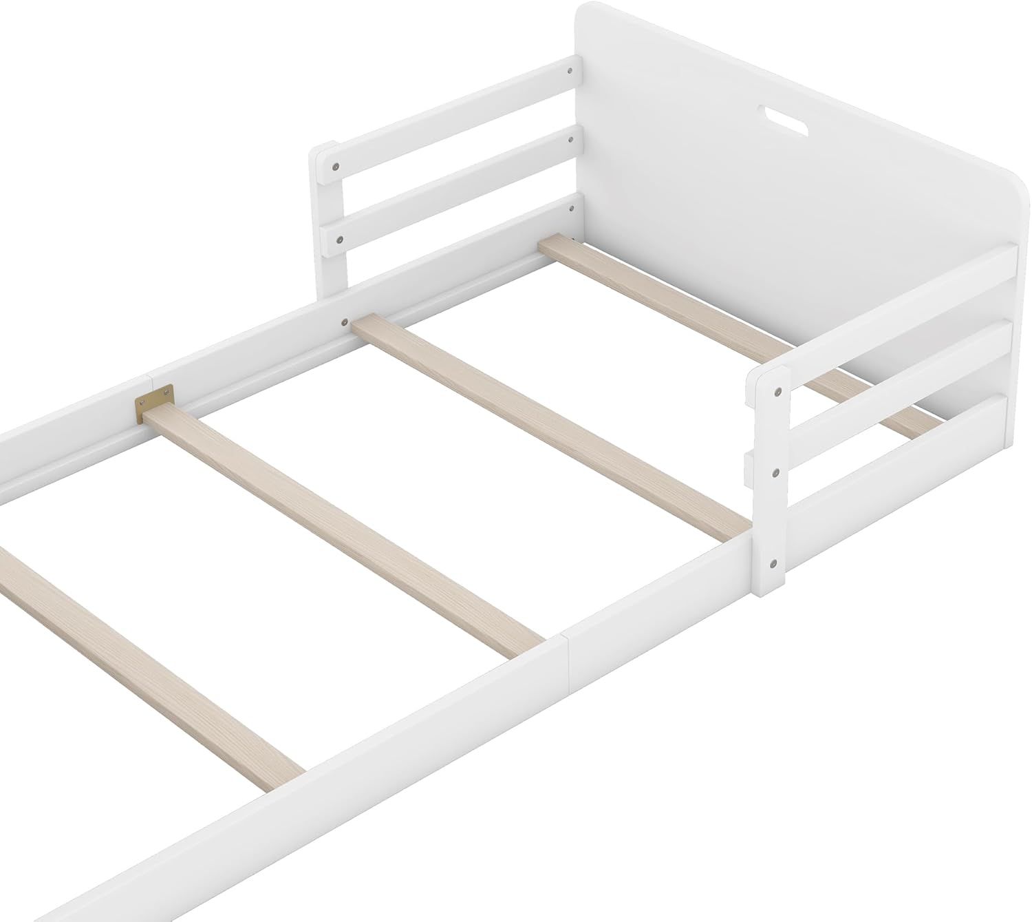 Cama de suelo de tamaño individual con rieles y banco de almacenamiento, marco de cama de madera para niños con cabecera y estribo, no necesita