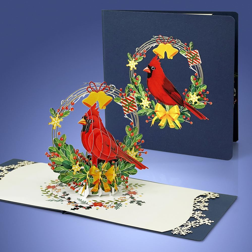 CUTPOPUP – Tarjeta de felicitación con diseño de cardenal, Feliz Navidad, Navidad 3D, Año Nuevo, tarjeta de felicitación (cesta de cardenal)