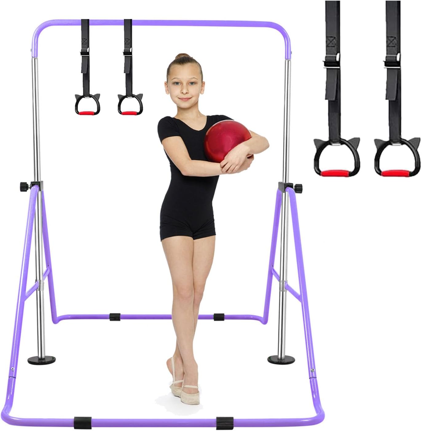 Bighaki808 Barras de gimnasia para niños con anillos, barras horizontales plegables con altura ajustable, equipo de gimnasia expandible, barra de