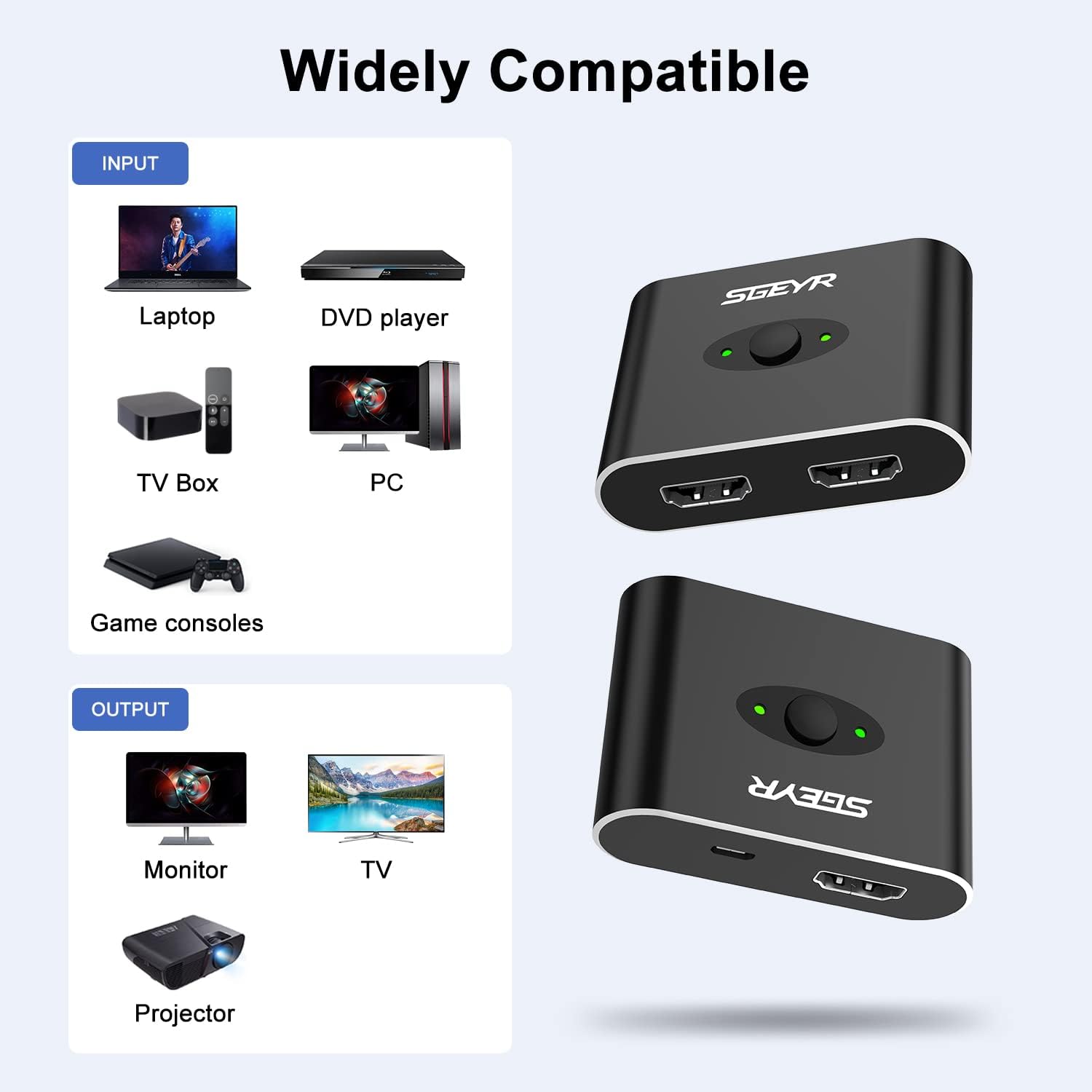 HDMI Switch,4K60hz HDMI Splitter, HDMI Switcher 2 in 1 Out, HDMI Switch Splitter, SGEYR Aluminum HDMI 2.0 Bi-Directional Switch, Support 3D,4K, HDR,
