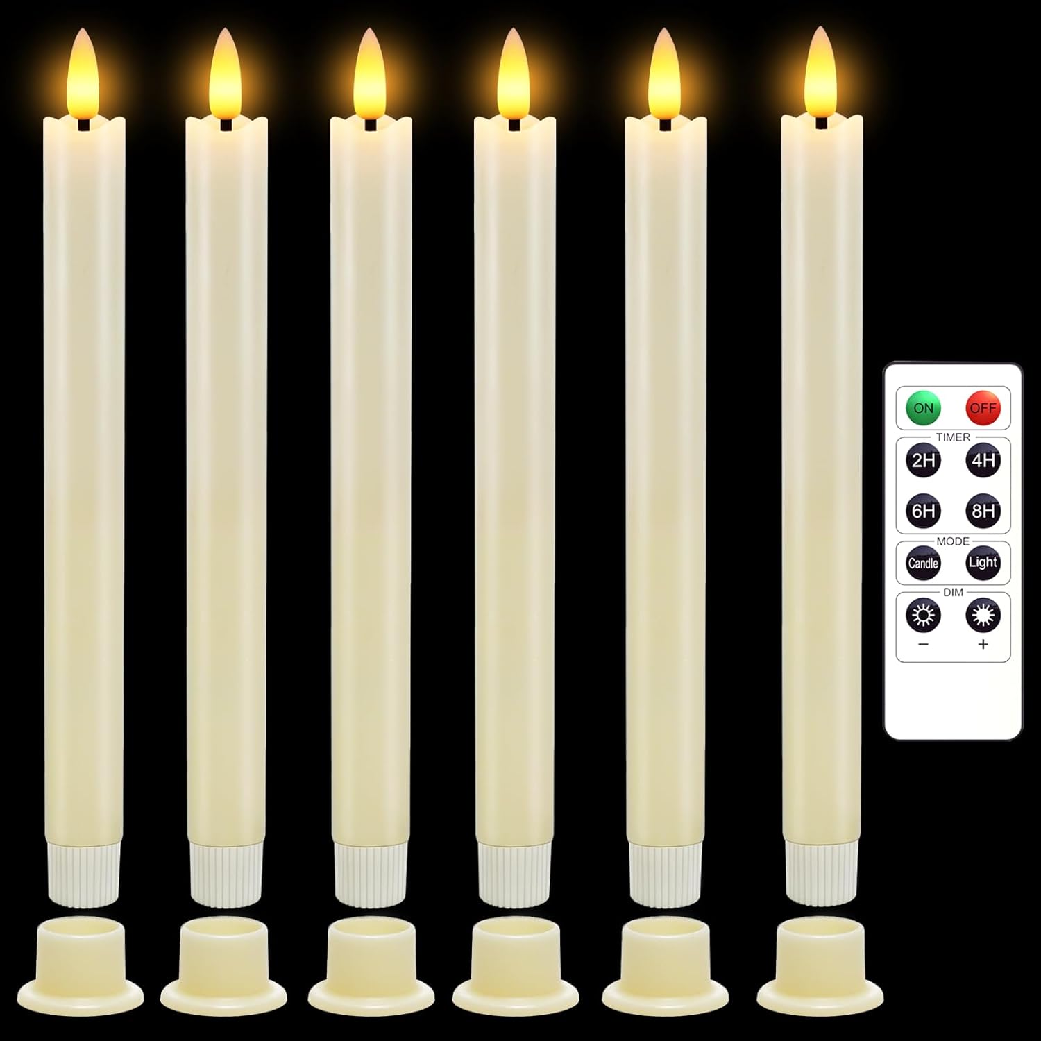 Velas cónicas sin llama de cera real marfil con temporizador remoto, 6 velas LED cónicas que funcionan con pilas, velas LED de 9.6 pulgadas con 6