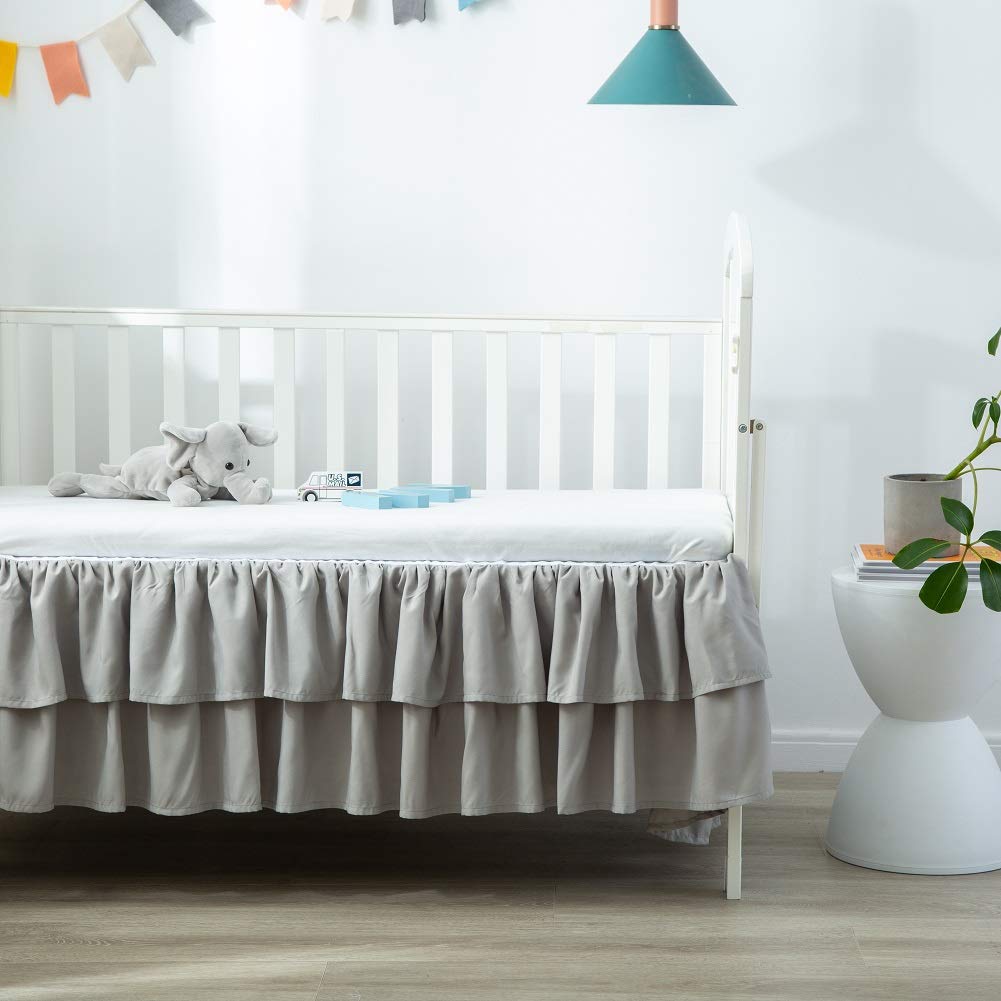 JSD Falda de cama para cuna, con volantes, de doble capa, microfibra cepillada, para cuna, para bebé, niño, color gris, 14 pulgadas