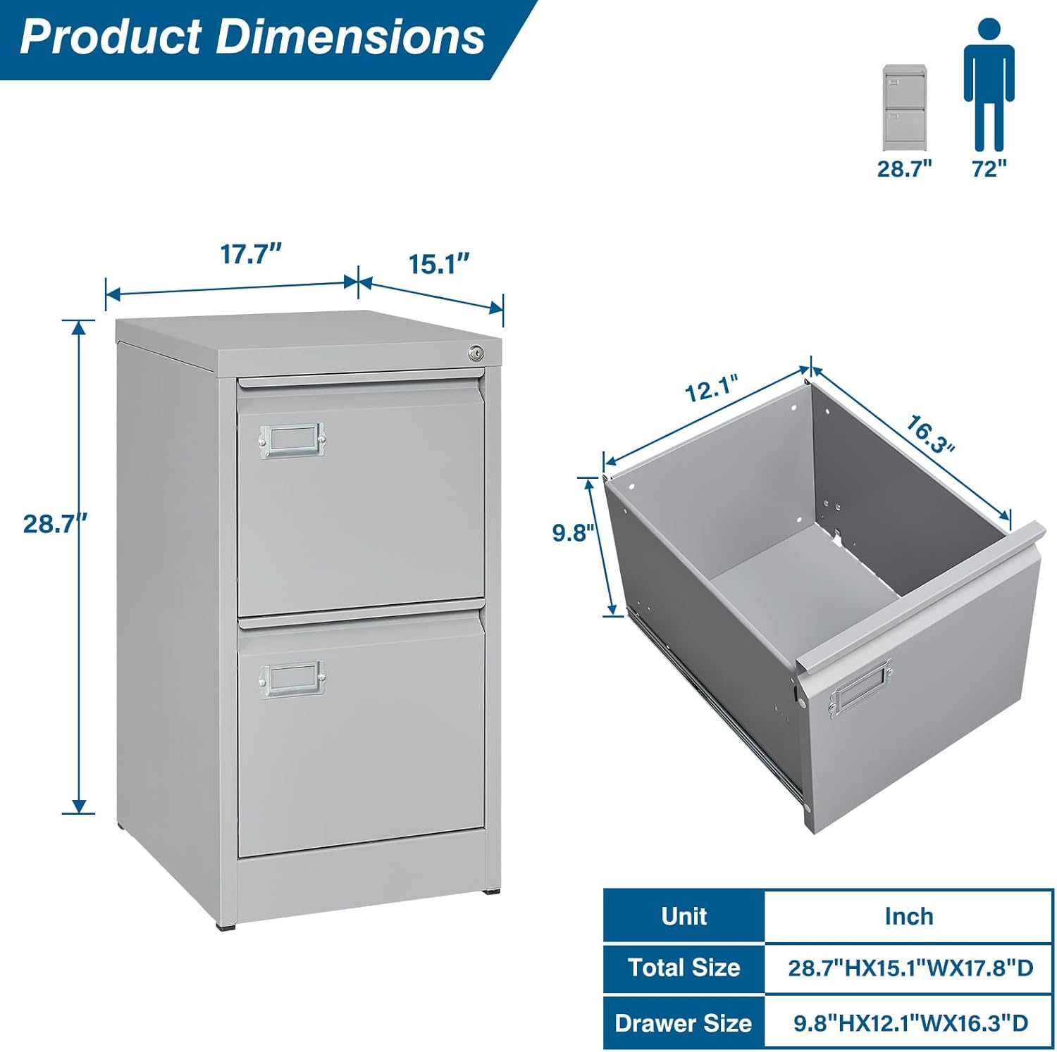 Archivador de 2 cajones, archivador vertical de 16.3 pulgadas de profundidad con cerradura, archivador de metal para oficina en casa, 2 cajones de