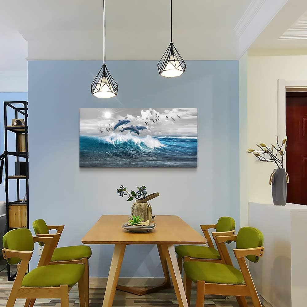 Decoración de pared para sala de estar, lienzo de gran tamaño, arte de pared para dormitorio, olas azules del mar, ilustraciones de pared, arte