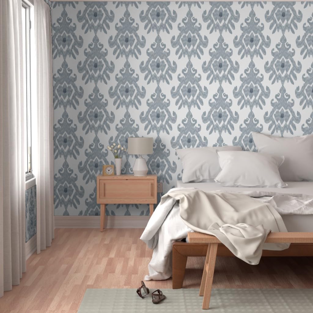 Spoonflower Papel tapiz autoadhesivo de 9 x 2 pies – Papel tapiz grande Ikat Pizarra Azul Gris Blanco Boho Moderno Índigo Neutral Mod Kitchen Papel