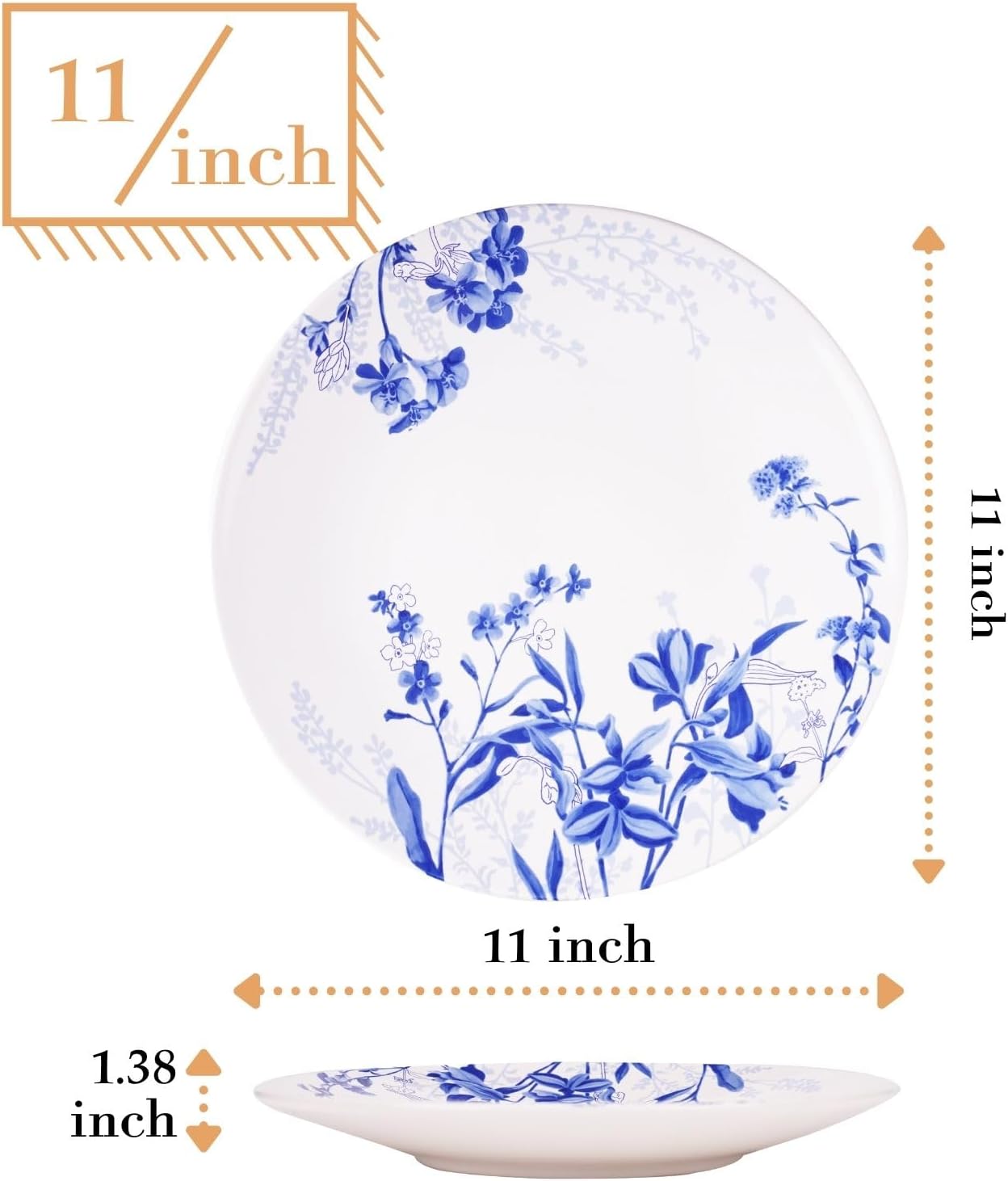Sonemone Blue Flower – Platos llanos de cerámica de 11 pulgadas, juego de 4 platos grandes para cocina, cena, ensalada, microondas y lavavajillas,