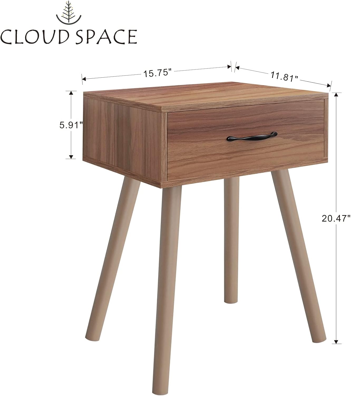 Cloud Space Mesita de noche moderna de mediados de siglo, mesa auxiliar de madera para sala de estar, mesa auxiliar de cama de nogal, mesita de