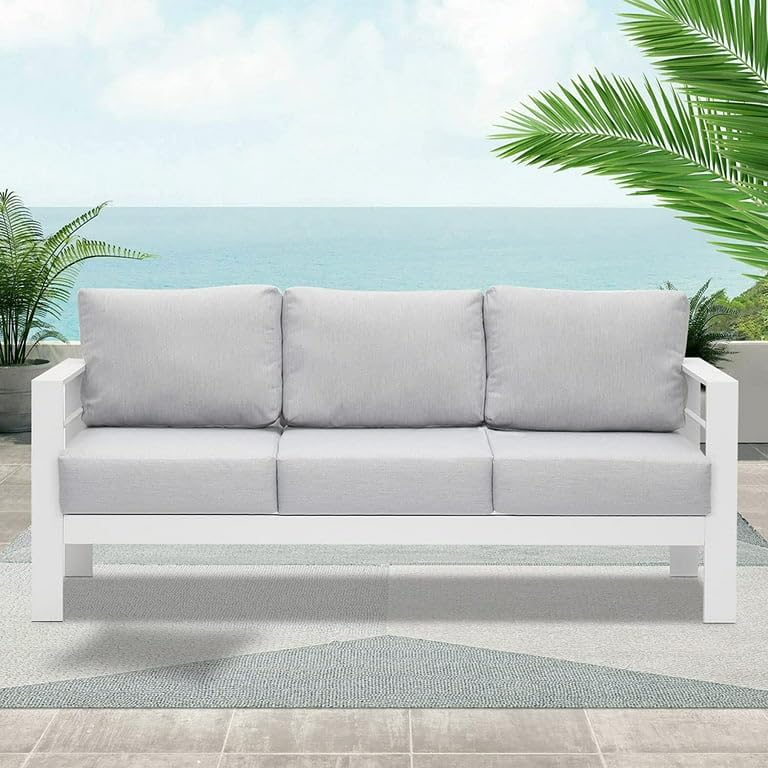 Kiss The Water Muebles de patio sofá de aluminio para todo tipo de clima, sofá de 3 asientos, silla de metal blanco con cojines gris claro