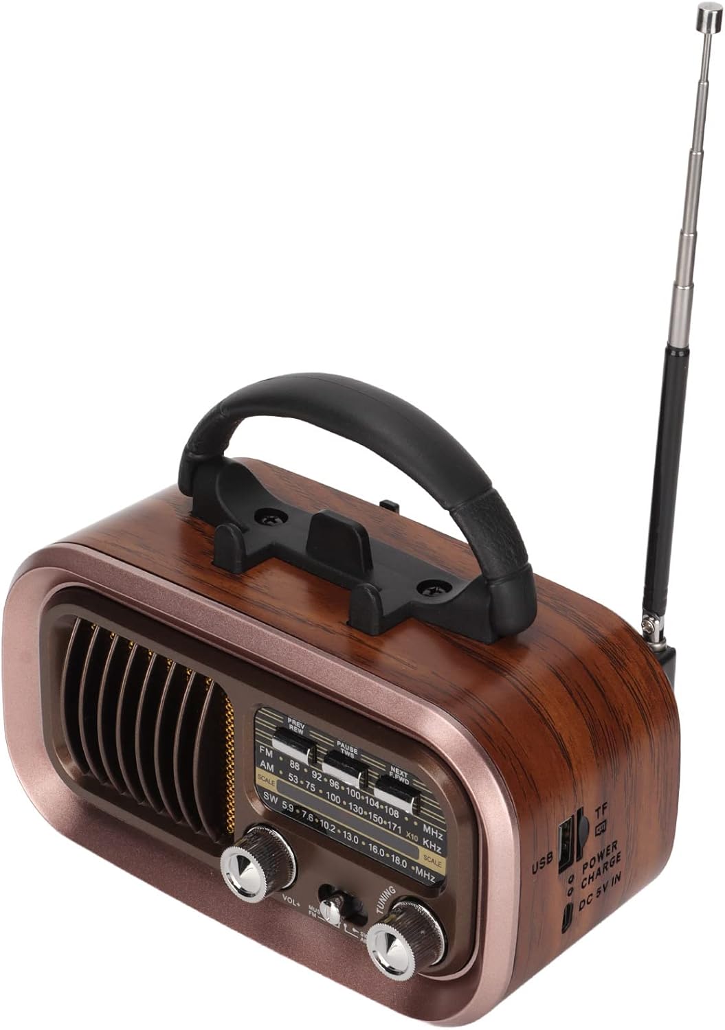 Altavoz portátil de radio FM Bluetooth con diseño vintage 3 bandas multifuncional, ligero y pequeño, MP3 WMA WAV, antena externa (RXBT628)