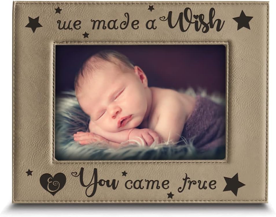We made a Wish & You Came True- Portarretratos para bebé- Baby shower – Día de la Madre del bebé – Marco de fotos de cuero grabado (4 x 6 horizontal)