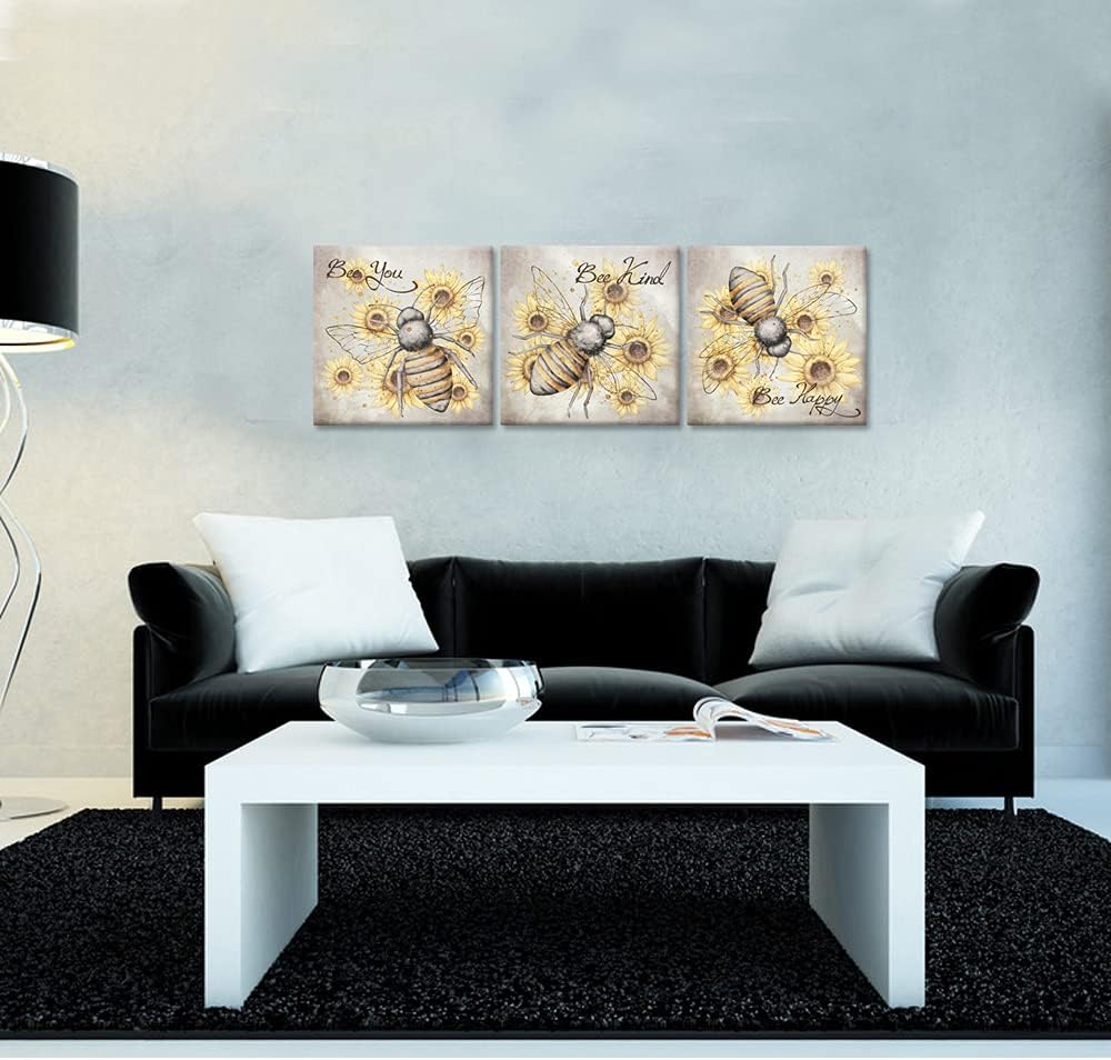 iHAPPYWALL 3 piezas de lienzo de abeja de miel, arte para pared, diseño de girasol, abeja, feliz, con citas motivacionales, arte para cocina,
