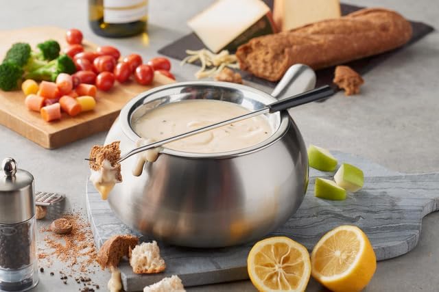 The Official Melting Pot Juego de 8 piezas para fondue  Olla de acero inoxidable de 2 cuartos de galón con forro y 6 tenedores de fondue para queso,