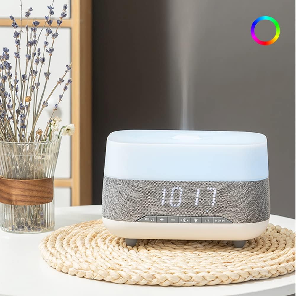 Difusor de aceite esencial y humidificador con reloj de altavoz, luces nocturnas de humor de 7 colores, aromaterapia eléctrica de niebla fría para