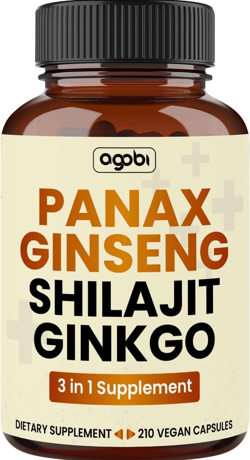 agobi Suplemento de Panax Ginseng de 1000 mg con Shilajit y Ginkgo – 210 cápsulas veganas – Fórmula súper concentrada para producción de energía,