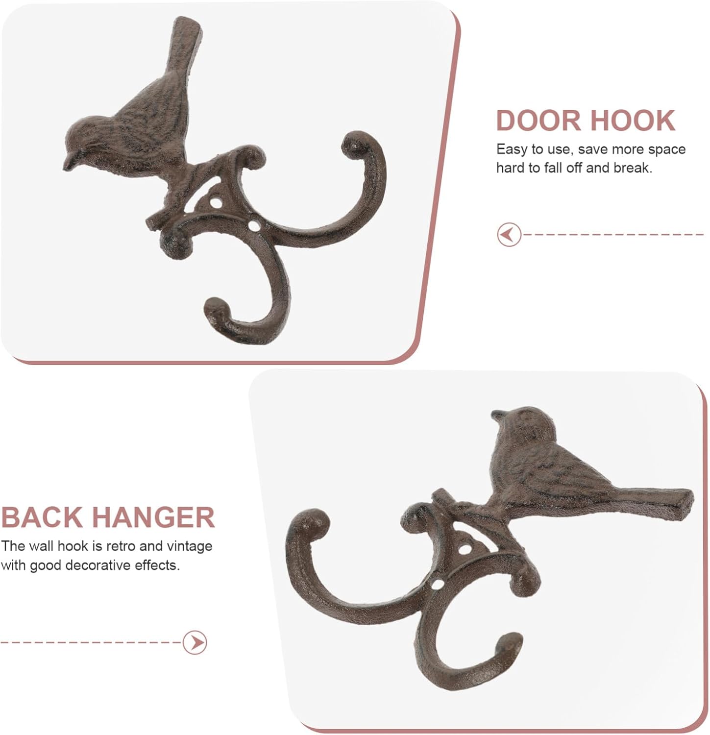 Cabilock Gancho de hierro fundido para pájaros, gancho para puerta, decoración de metal, gancho para toallas de baño, ganchos de hierro fundido,