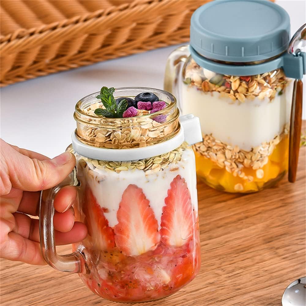 Tarros de avena con cuchara y tapa, paquete de 2 tarros de avena de vidrio de 16.2 onzas con asa, tarros herméticos de gran capacidad para frutas,