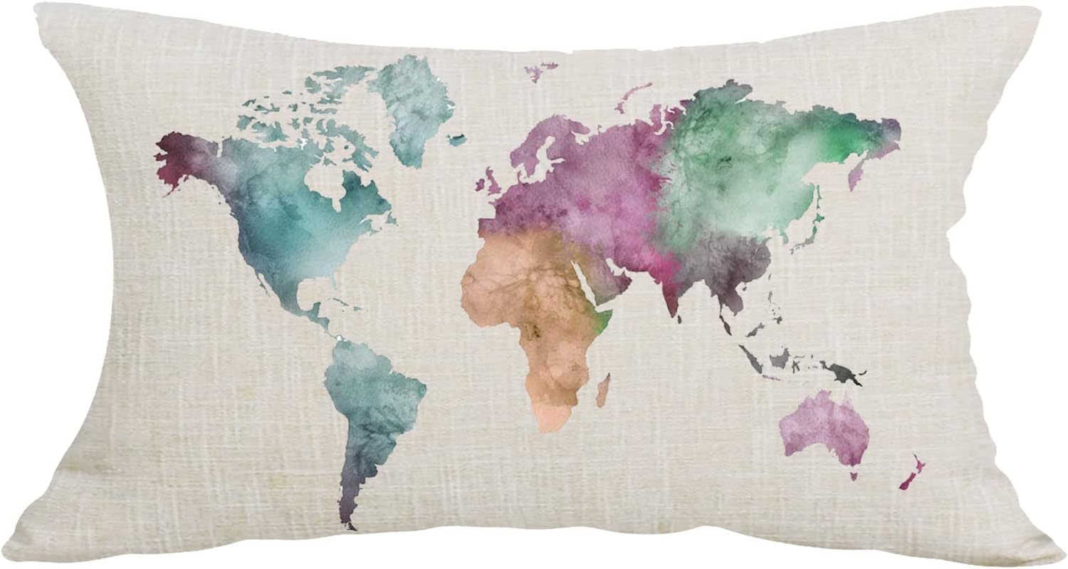 Funda de almohada decorativa con diseño de mapamundi verde colorido con pintura de tinta, funda de almohada lumbar decorativa, silla, sofá, cama,