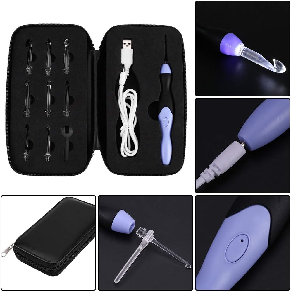 Ganchos de ganchillo iluminados, juego de ganchos de ganchillo LED 9 en 1, 9 cabezales intercambiables iluminan agujas de tejer, accesorios para