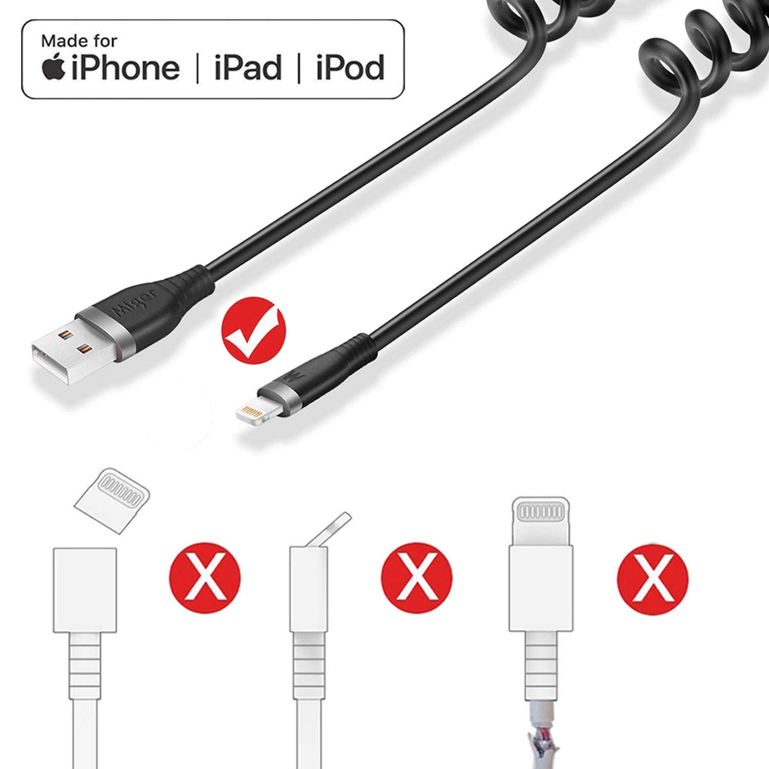 Miger Cable Lightning en espiral, cable de carga para iPhone de 4 pies para automóvil, paquete de 2 cables Lightning de 4 pies con certificación MFi