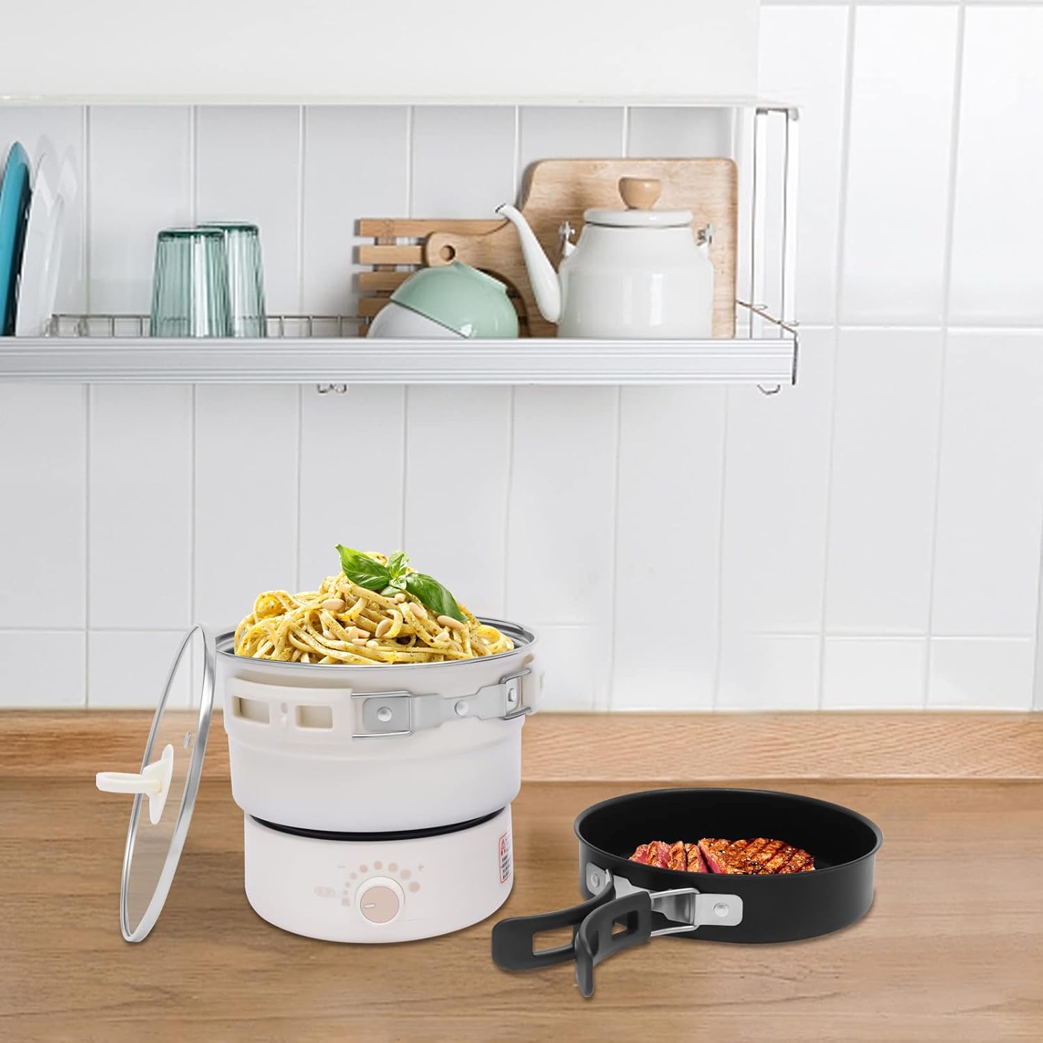 LYNICESHOP Olla eléctrica de cocina caliente, olla caliente de 110 V eléctrica con vaporizador de vapor, mini sartén multifuncional, mini cocina
