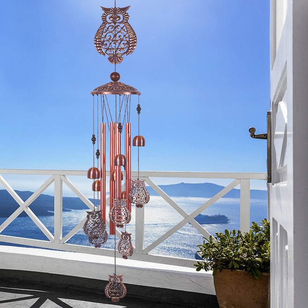 Campanillas de viento de búho para decoración de interiores y exteriores, con 4 tubos de aluminio, 6 campanas, 7 búhos, 37 pulgadas, impermeables,