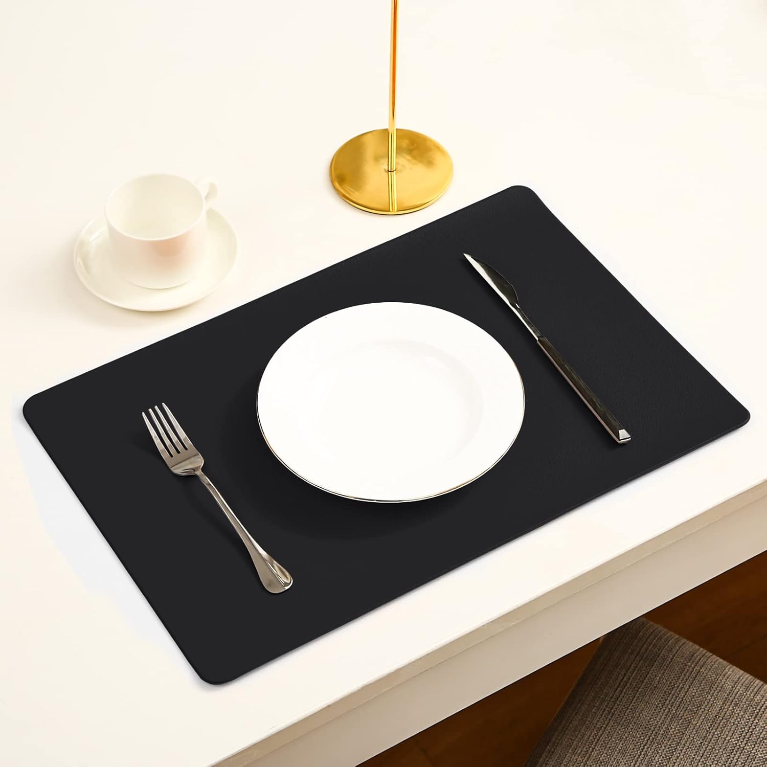Juego de 6 manteles individuales para mesa de comedor, de cuero negro, impermeables, resistentes al calor, lavables, para interiores y exteriores,