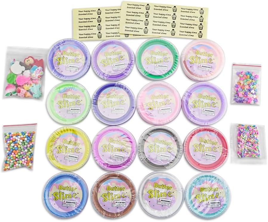 Paquete de 18 mini kit de limo de mantequilla, con sandía rosa, helado y slime de pastel, etc. Abalorios de slime de color y limo, suave y