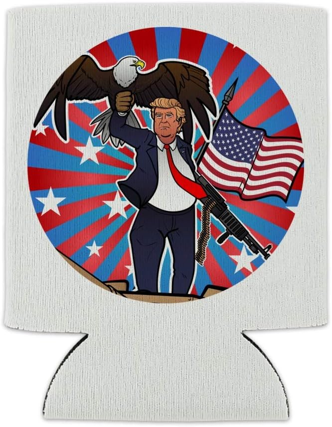 Patriótico Donald Trump con águila bandera estadounidense enfriador de latas – Funda aislante plegable para bebidas – Soporte aislado para bebidas