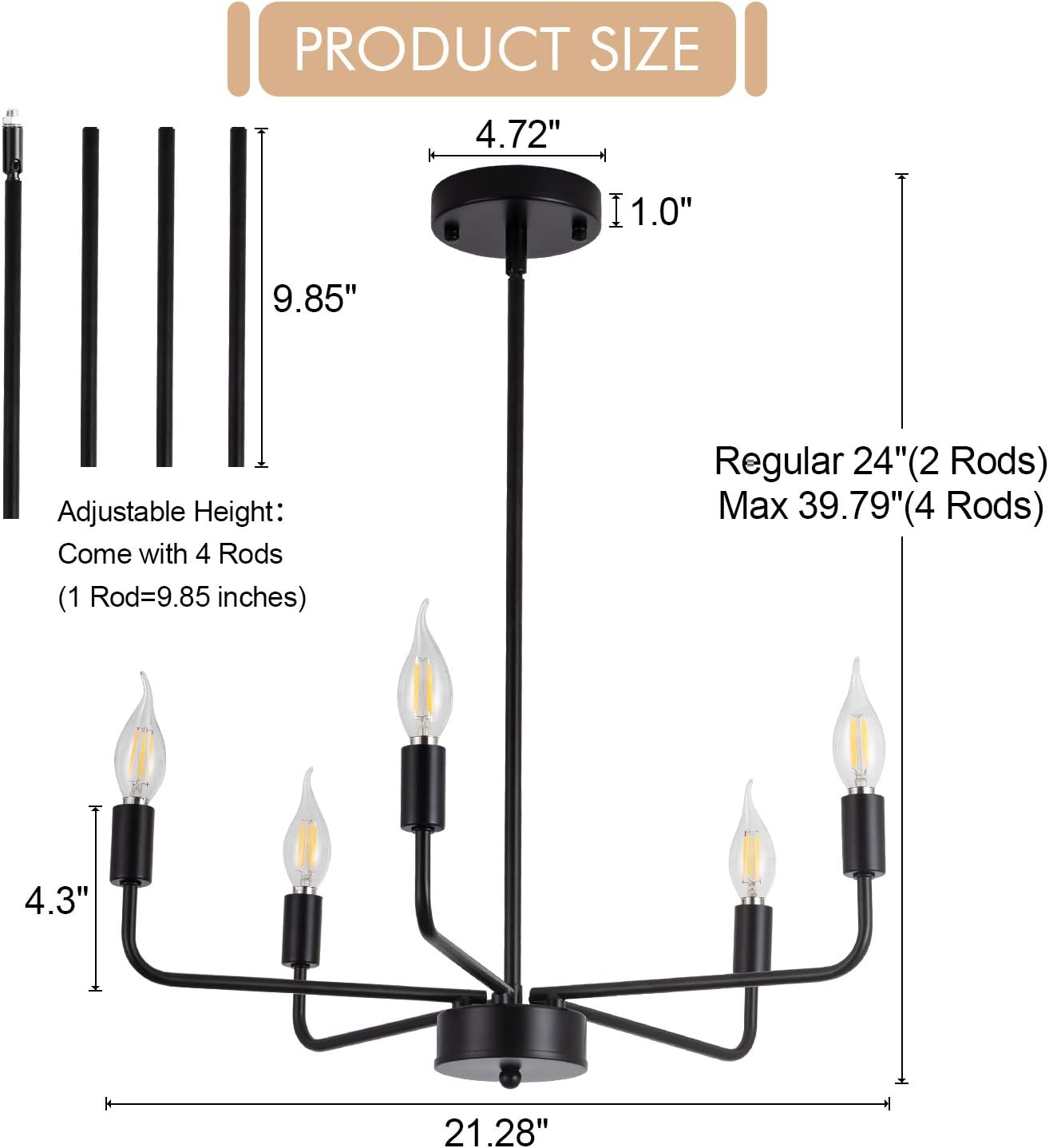 SHANSRUI Candelabro negro mate moderno estilo casa de campo, lámpara de techo contemporánea, 5 luces, lámparas colgantes para dormitorio, sala de