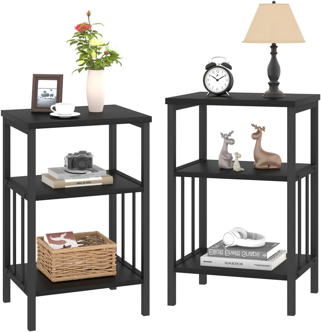 LVB Mesita de noche pequeña negra, moderna y estrecha, juego de 2, mesa auxiliar de metal de madera industrial con estante de almacenamiento, mesa