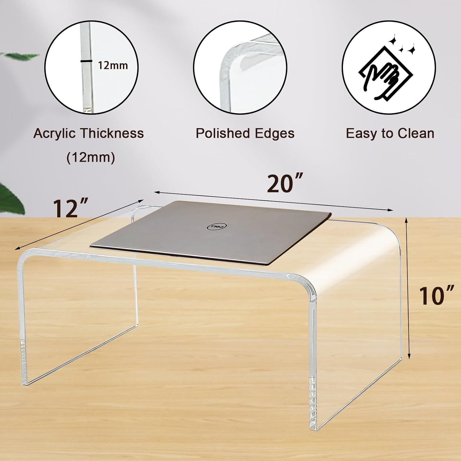 Mesa auxiliar acrílica en forma de C, 20 pulgadas de largo x 12 pulgadas de ancho x 10 pulgadas de alto x 12 pulgadas de grosor, mesita de noche