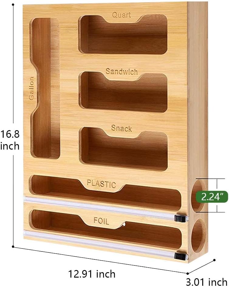 Organizador de almacenamiento de bolsas Ziplock 6 en 1, dispensador de papel de bambú y plástico con cortador organizador para cajón de cocina,