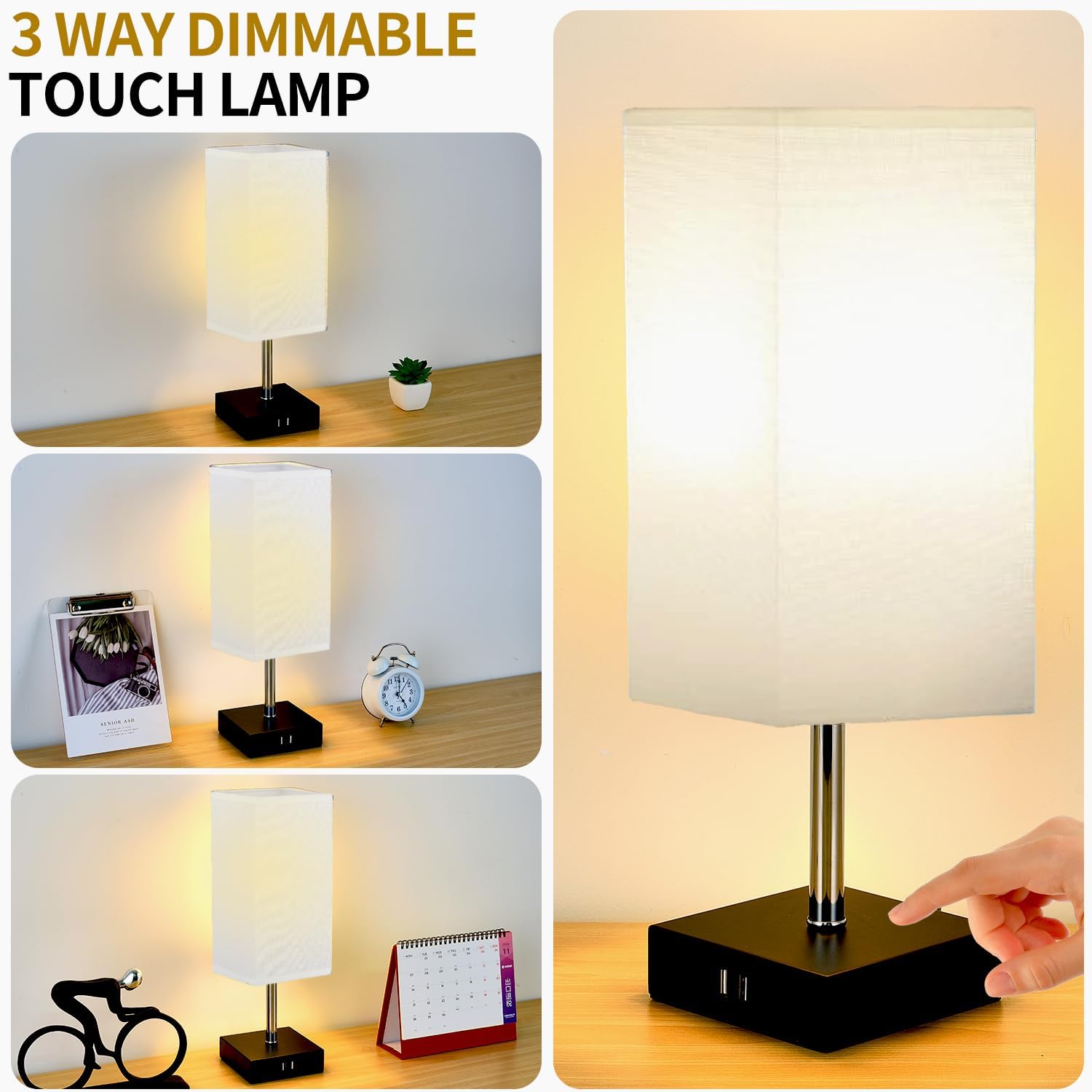 Lámpara de noche con control táctil, lámparas de mesa regulables de 3 vías con 2 puertos USB y tomacorriente, lámpara de mesita de noche para