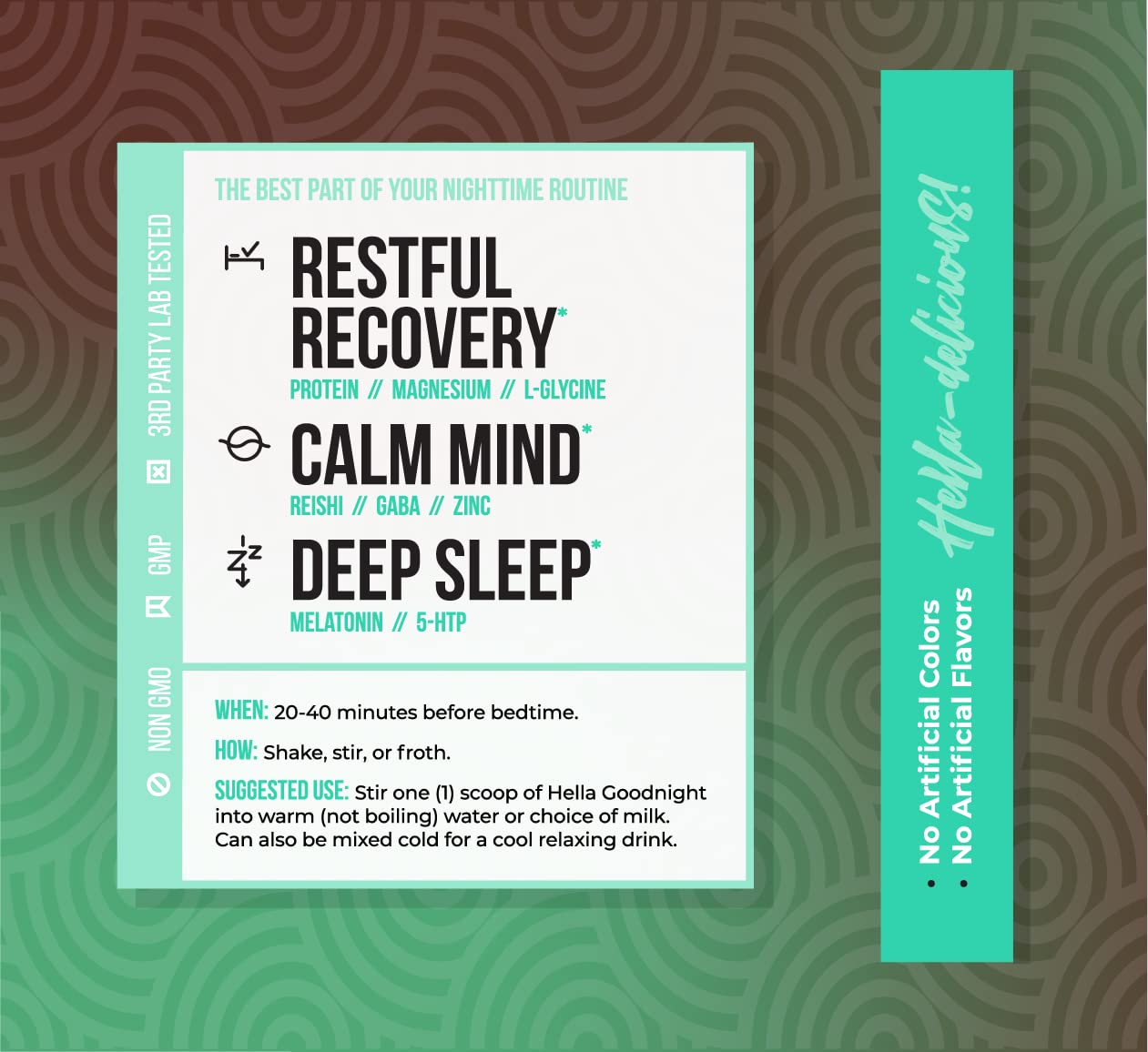 Hella Goodnight Restful Muscle Recovery, mezcla de melatonina para dormir con magnesio, 5-HTP, Reishi, Gaba y zinc, apoya la relajación nocturna,