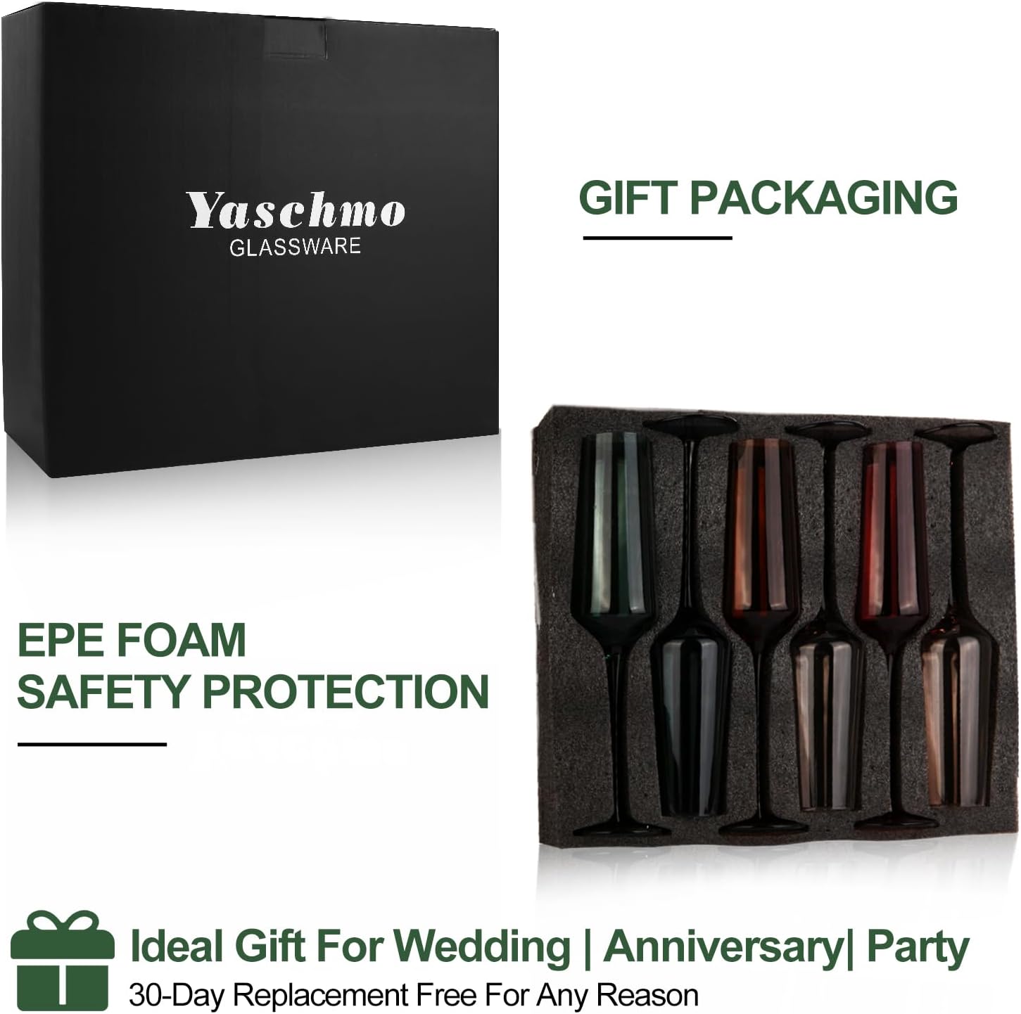 Yaschmo Juego de 6 copas de vino de colores y copas de champán, cristalería de color soplado a mano, moderno y elegante para amigos, familia, boda,