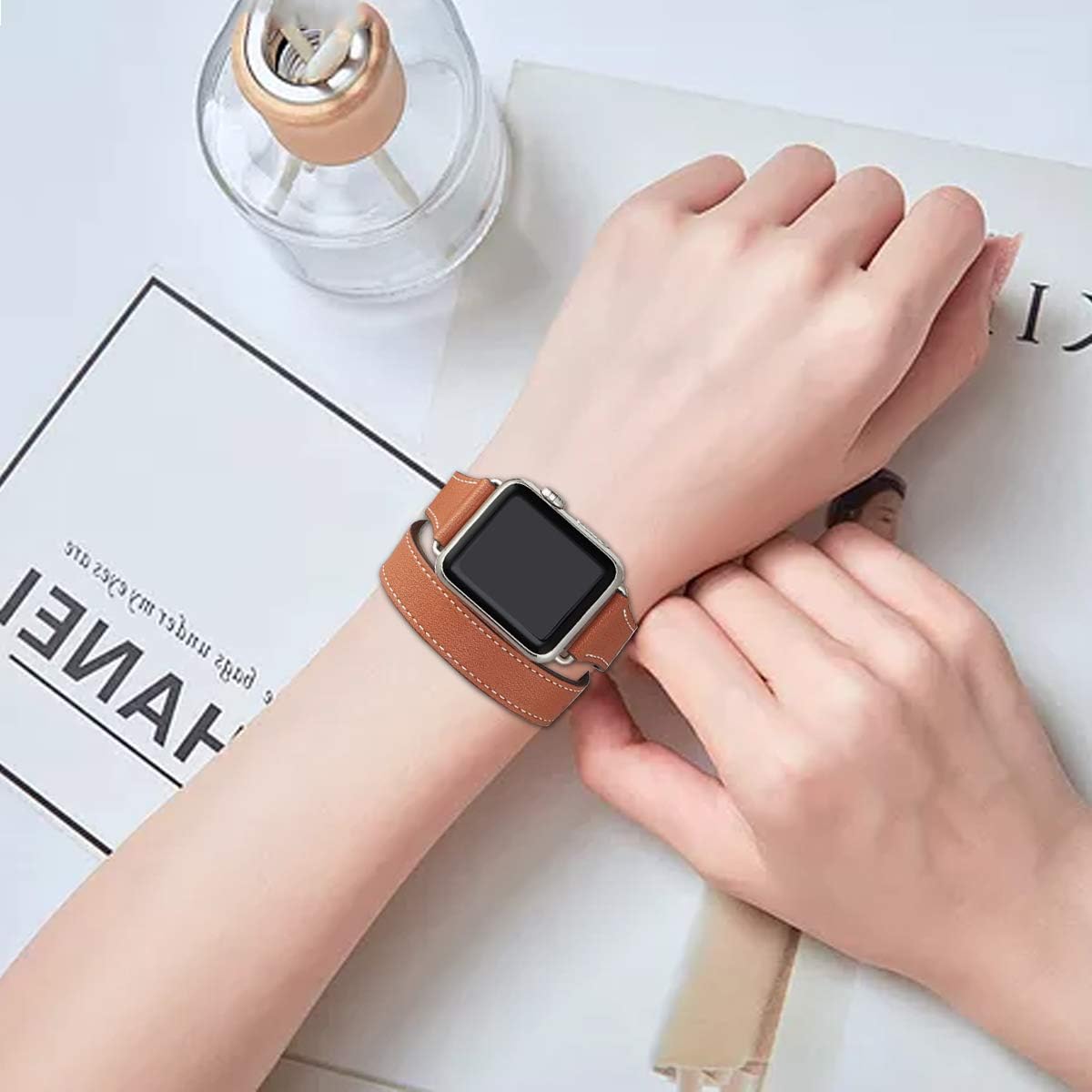 Bestig – Correa de repuesto para Apple Watch de 1.496pulgadas, 1.575pulgadas, 1.654pulgadas, 1.732pulgadas, de piel auténtica, diseño de doble tour,