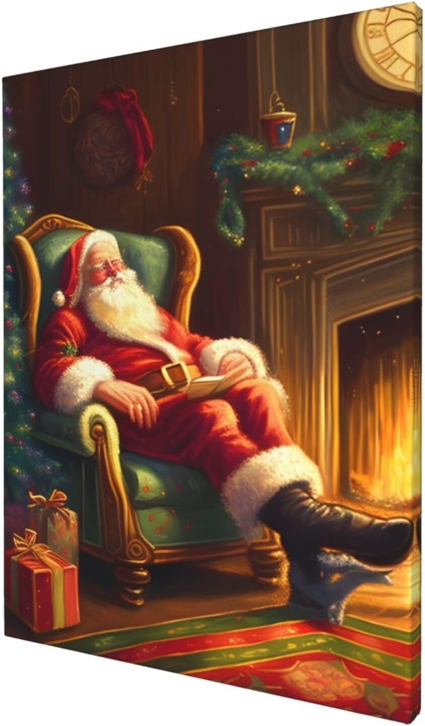 WEASYYDS Lienzo decorativo para pared de Papá Noel para dormir, chimenea, decoración de invierno, póster de Papá Noel, pintura para el hogar,