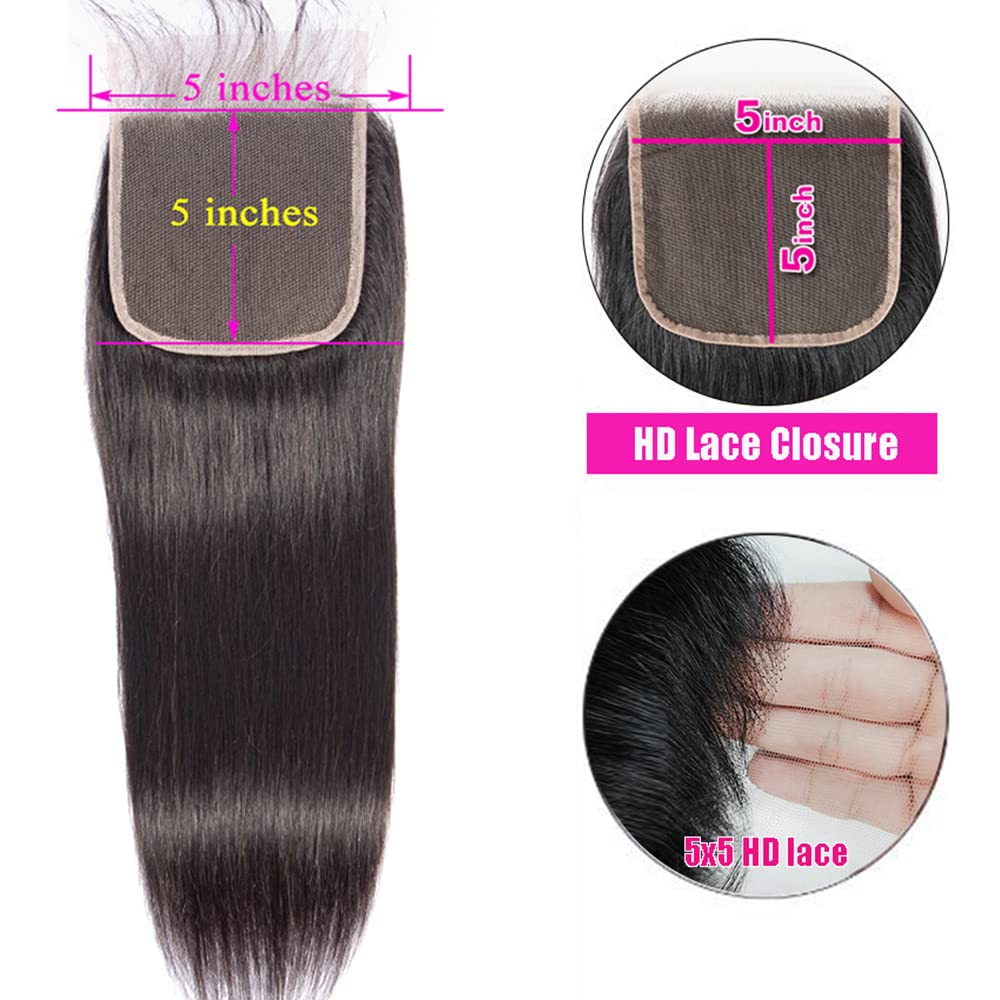 Cierre de encaje recto de 5 x 5, solo cabello humano, parte libre con abuelitos, nudos blanqueados, cabello virgen brasileño, encaje frontal suizo