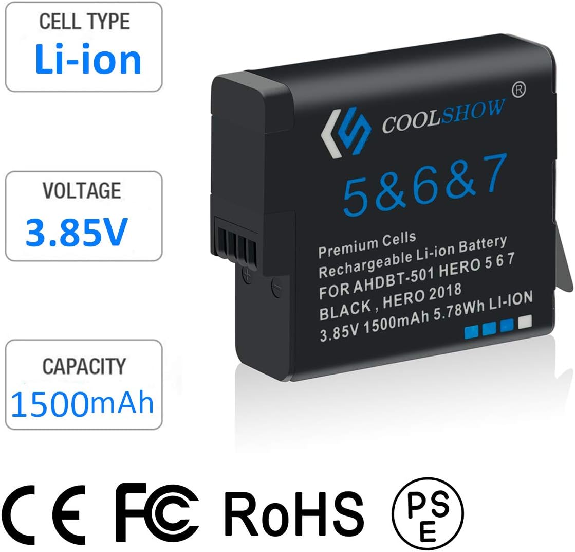 COOLSHOW – Batería de repuesto para Hero 7, 6, 5 (paquete de 2) y cargador Triple Hero 7 compatible con GoPro Hero 7 Black, Hero 6 Black, Hero 5
