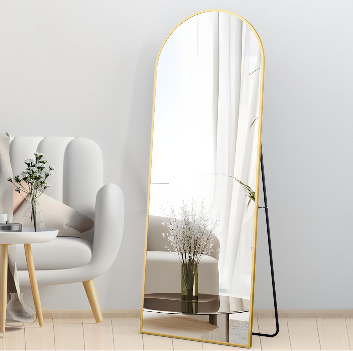 Espejo de longitud completa, espejo de arco de 64 x 21 pulgadas con soporte, espejo de cuerpo completo arqueado dorado de pie o inclinado para