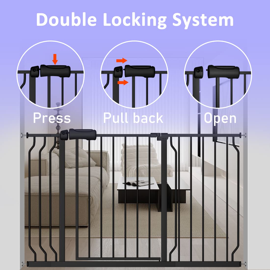 WAOWAO Puerta extra ancha para bebés de 62.19 a 66.92 pulgadas, fácil de caminar, montaje de presión, cierre automático, metal negro, escaleras,