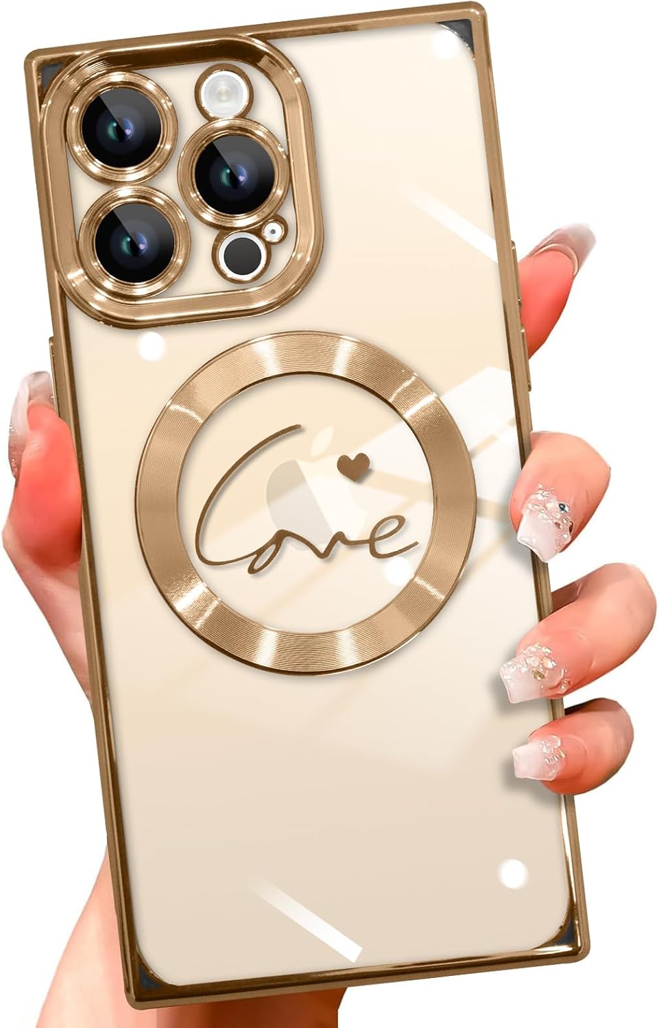 Funda magnética transparente para iPhone 15 Pro Max cuadrada (compatible con MagSafe) con patrón de corazón de amor para mujeres y hombres, borde de