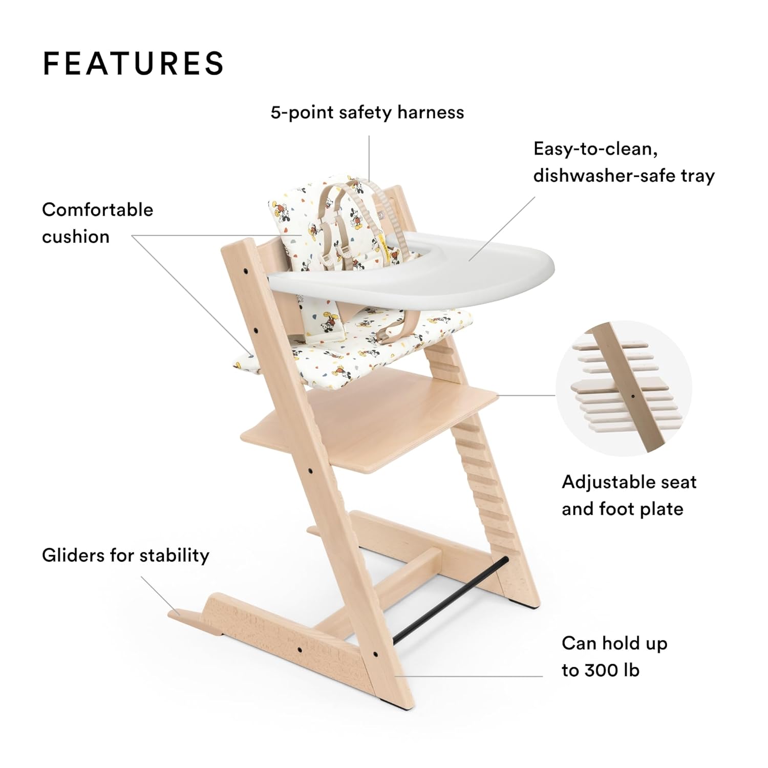 Tripp Trapp – Silla alta y cojín con bandeja Stokke – Natural con Mickey Celebration – Silla alta ajustable, convertible, todo en uno para bebés y