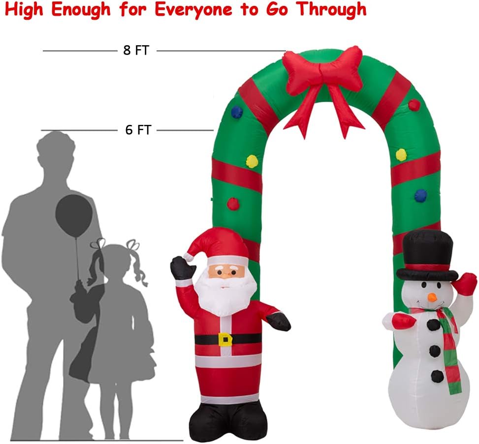 Decoración inflable de puerta de arco de Papá Noel y muñeco de nieve de 8 pies con luz LED para Navidad, fiesta, interior, exterior, patio, jardín,