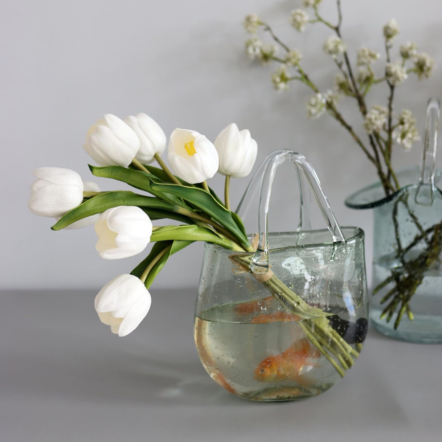 Buart Tulipán blanco y verde, flores artificiales de lujo, tulipán grande, día de San Valentín, día de la madre, Pascua, hogar, cocina, decoración